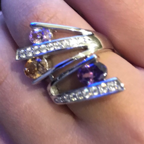 Sterling Silver Ring, purple pink  AAA CZ  faceted Stones, unique statement ring - Picture 4 of 11